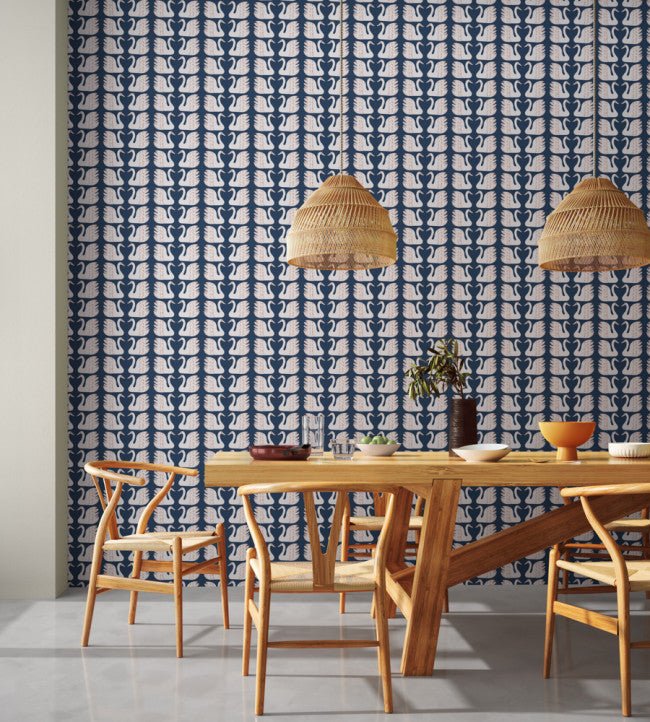 Swim Swam Swan Wallpaper - Denim - NART112797 - Scion