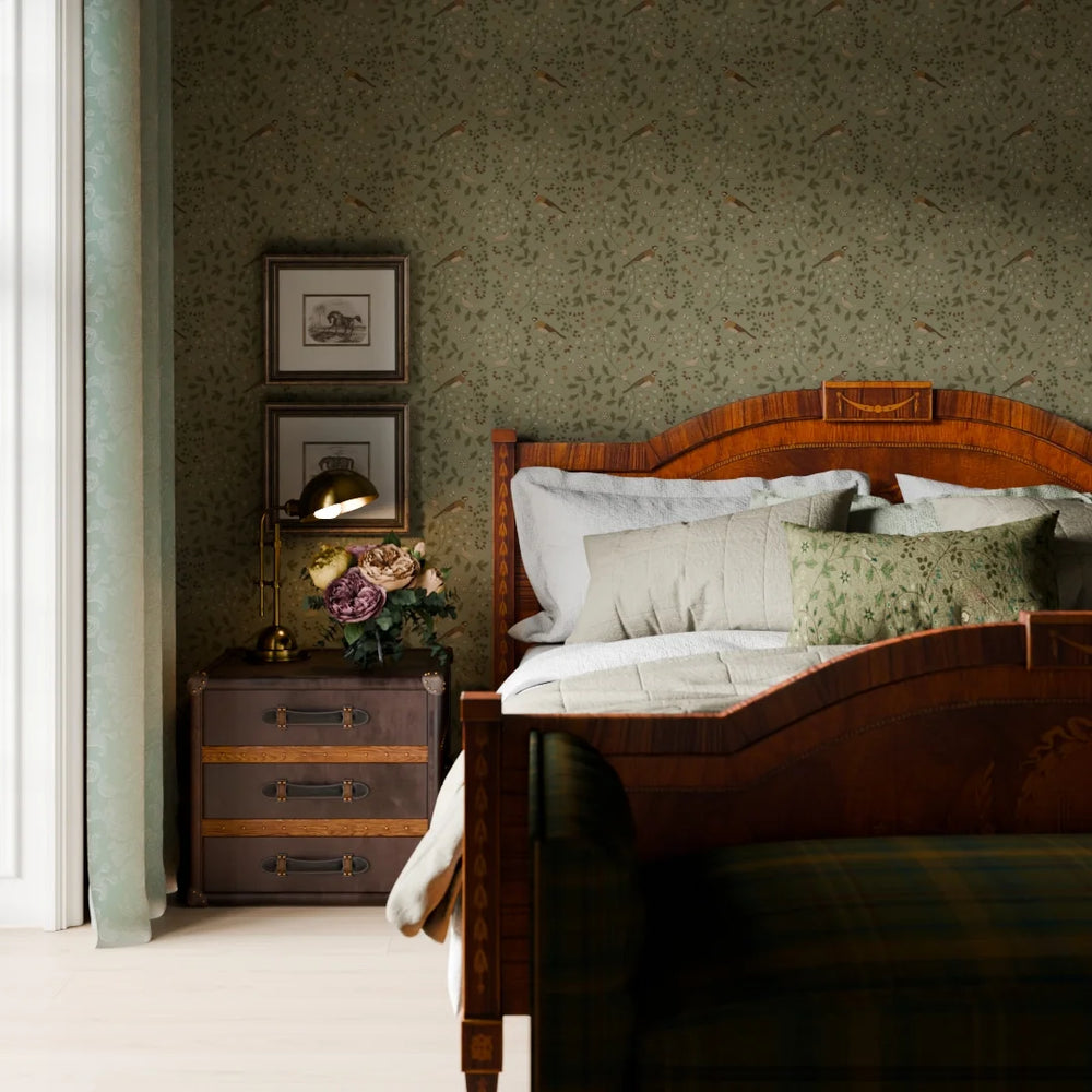 The Grand Estate Wallpaper - Rural Tones on Sage Green - Lucie Annabel