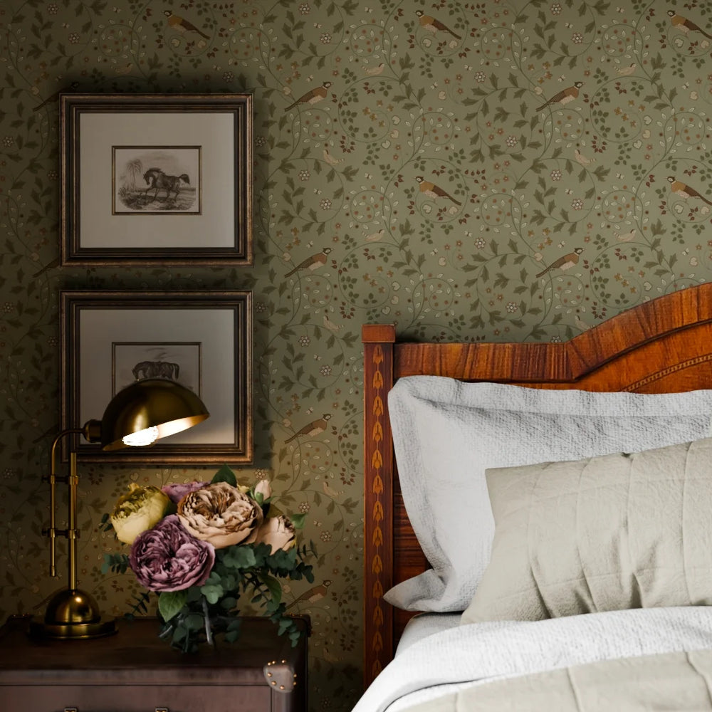 The Grand Estate Wallpaper - Rural Tones on Sage Green - Lucie Annabel