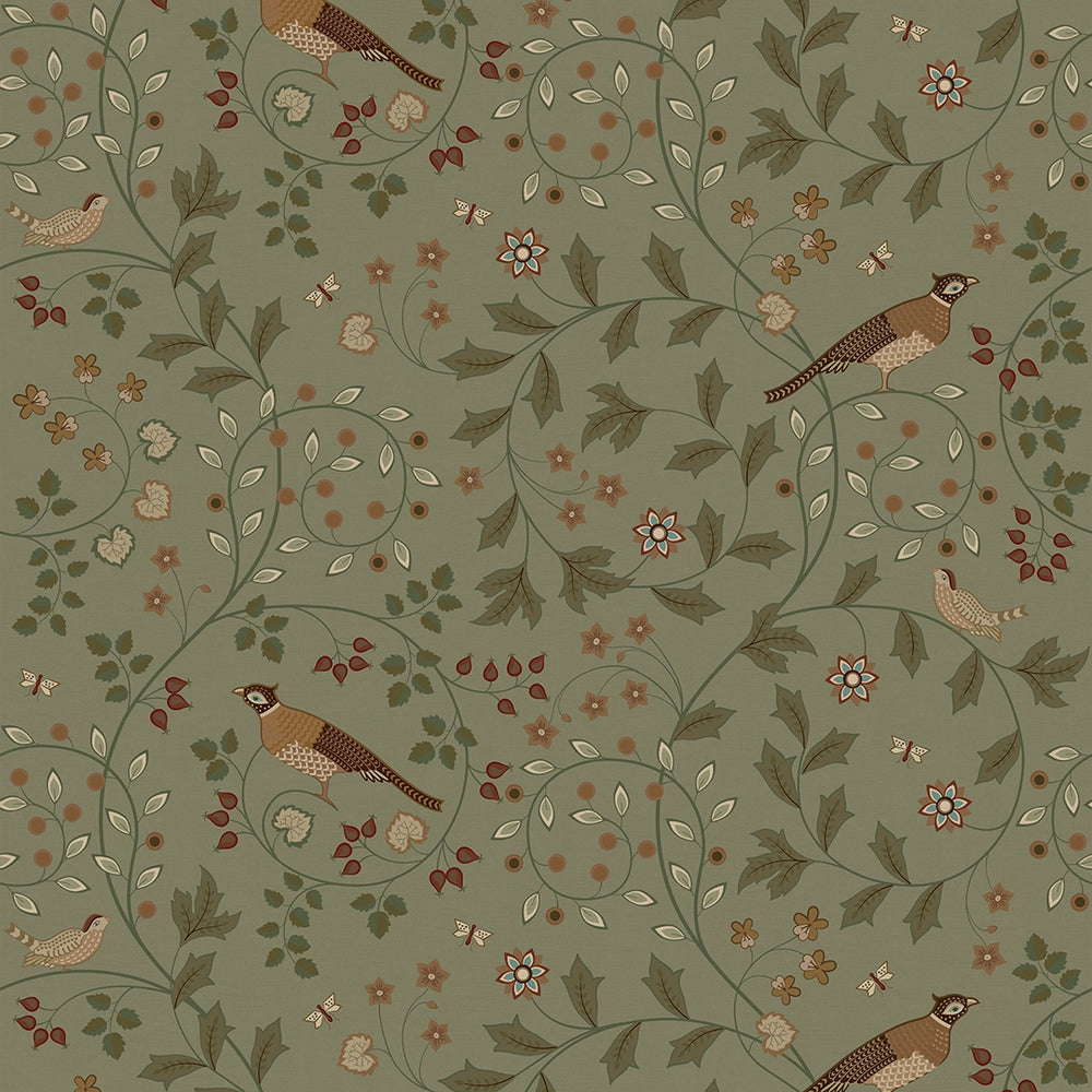 The Grand Estate Wallpaper - Rural Tones on Sage Green - Lucie Annabel