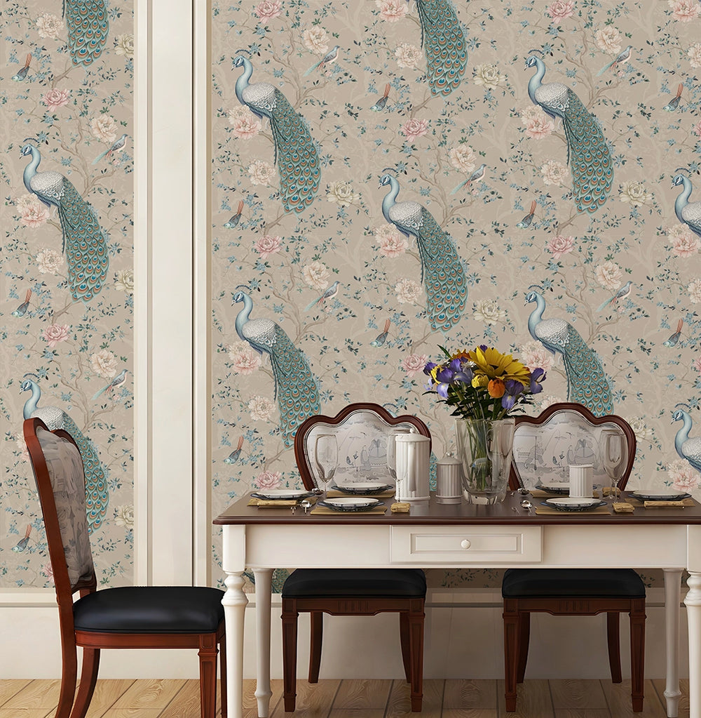 The Peacock's Promise Wallpaper - Latte - Lucie Annabel