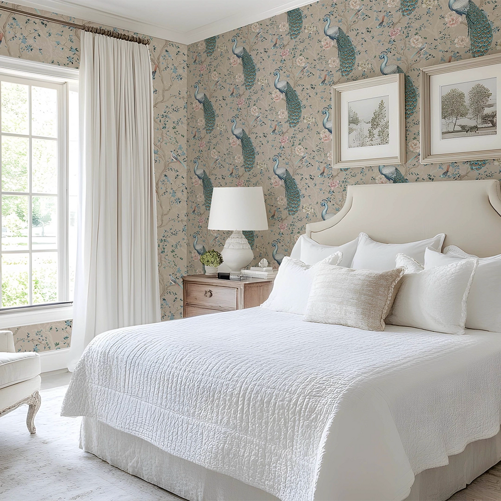 The Peacock's Promise Wallpaper - Latte - Lucie Annabel
