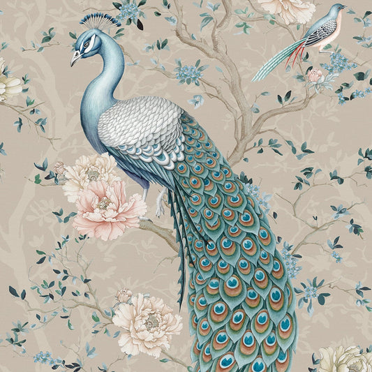 The Peacock's Promise Wallpaper - Latte - Lucie Annabel