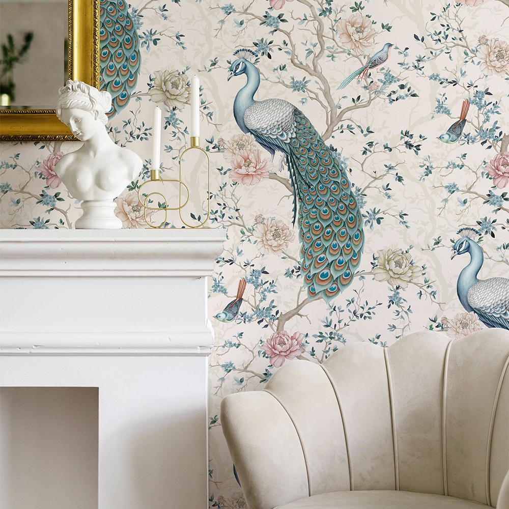 The Peacock's Promise Wallpaper - Vintage Cream - Lucie Annabel