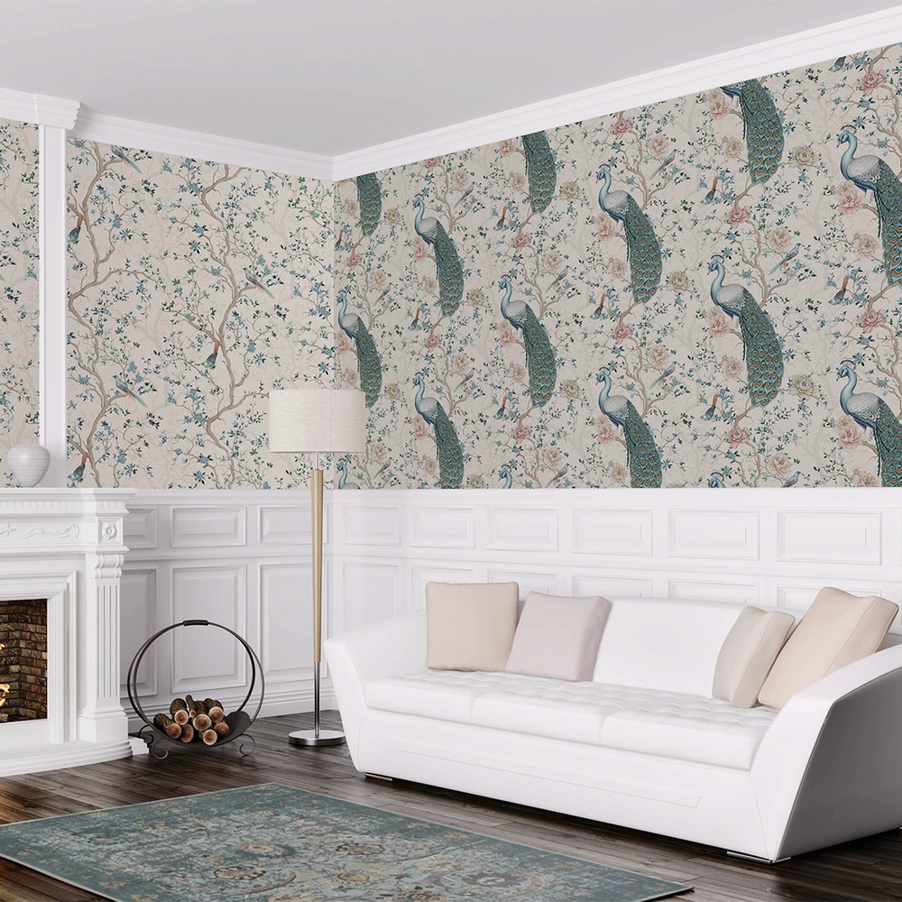 The Peacock's Promise Wallpaper - Vintage Cream - Lucie Annabel