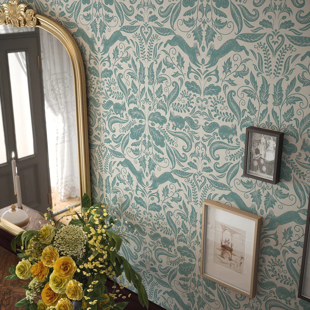 The Secret Squirrel Wallpaper - Teal - Lucie Annabel