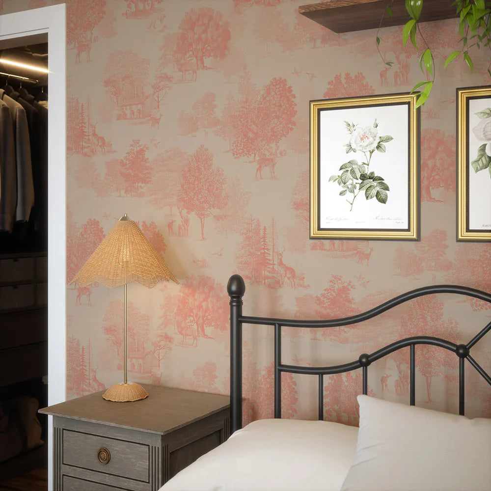 Toile De Jouy Wallpaper - Coral - Lucie Annabel