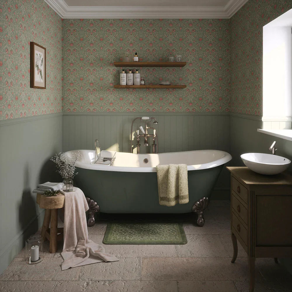 Tulip Garden Wallpaper - Blushing Peach on Green Tea - Lucie Annabel