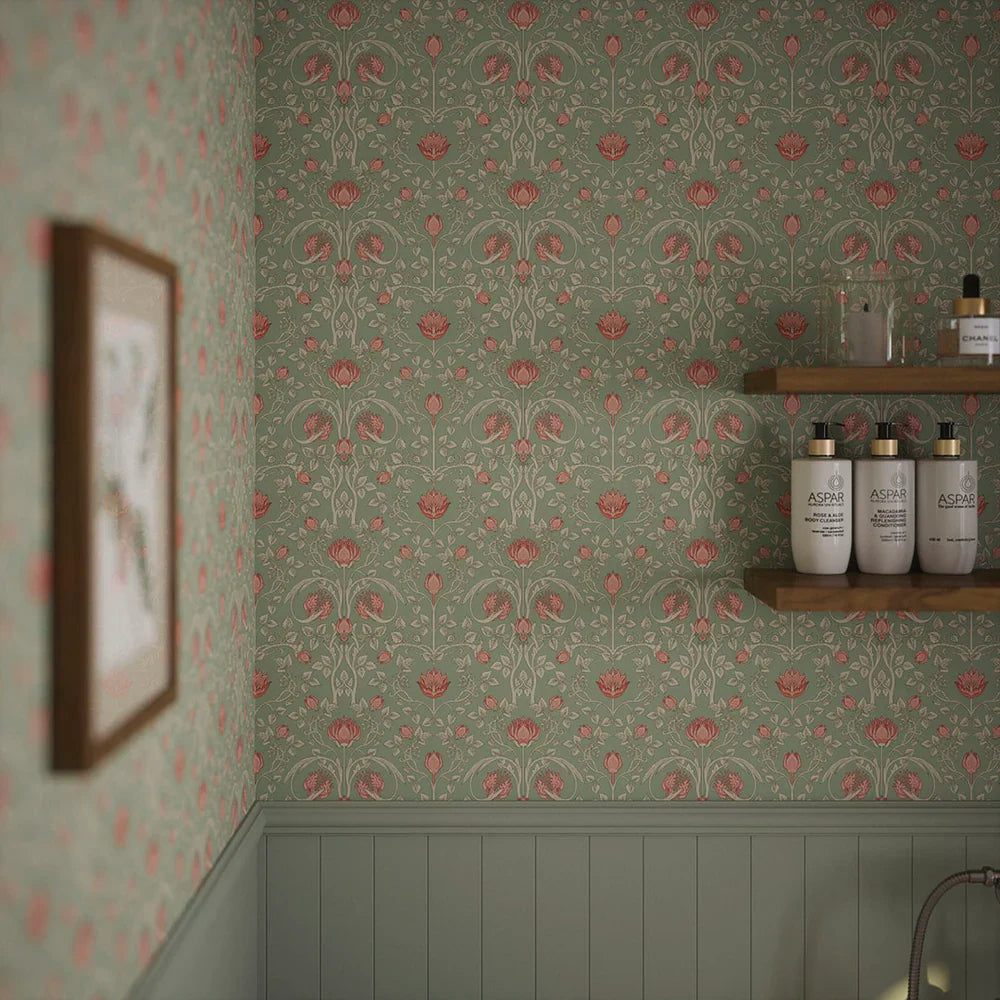 Tulip Garden Wallpaper - Blushing Peach on Green Tea - Lucie Annabel