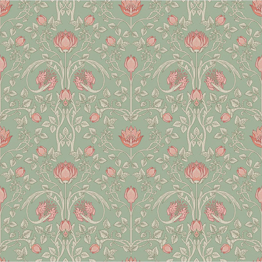 Tulip Garden Wallpaper - Blushing Peach on Green Tea - Lucie Annabel