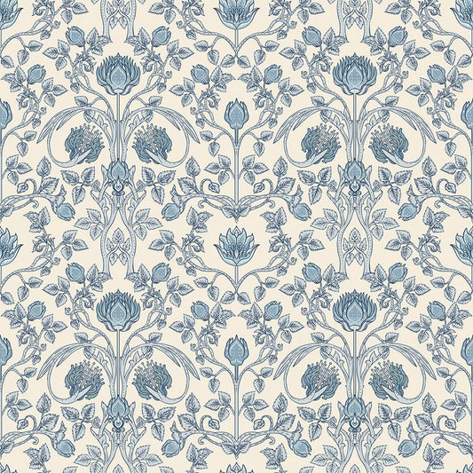 Tulip Garden Wallpaper - Cornflower Blue on Vintage Cream - Lucie Annabel