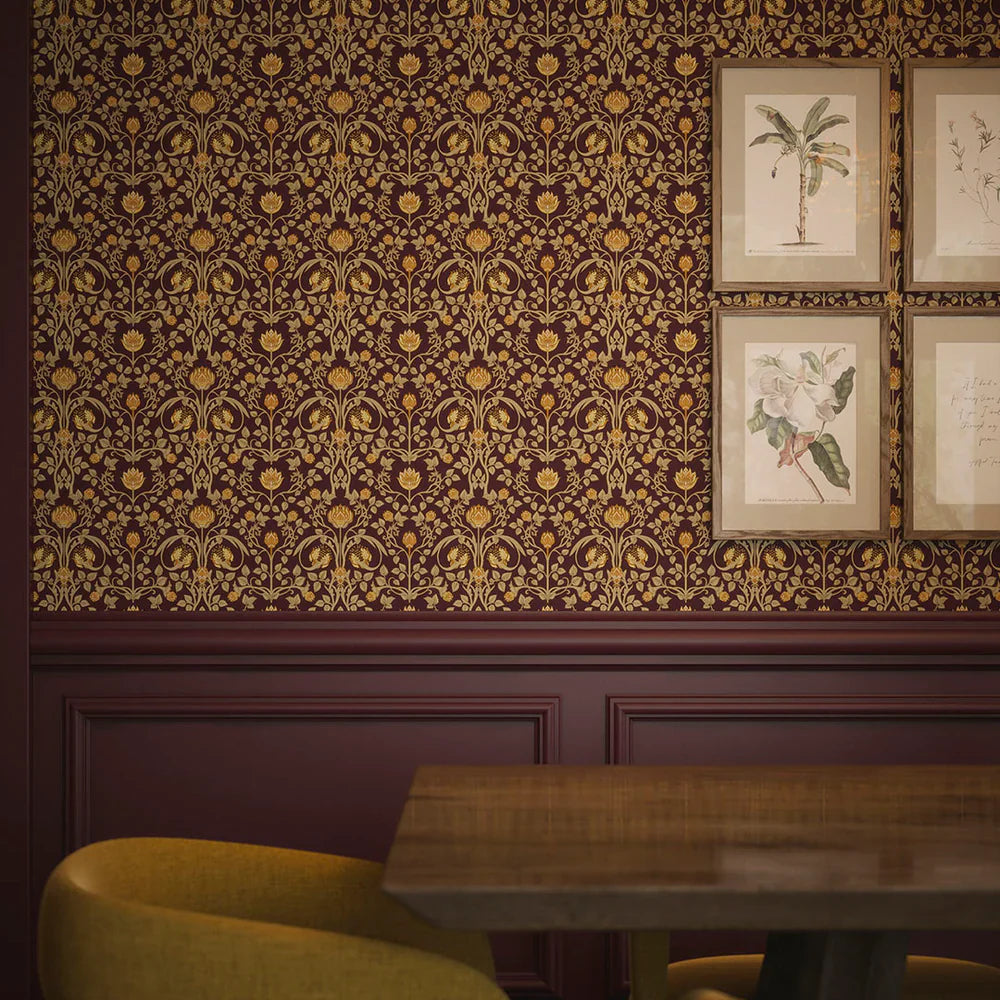 Tulip Garden Wallpaper - Gold on Bordeaux - Lucie Annabel