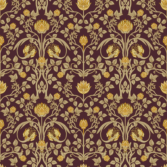 Tulip Garden Wallpaper - Gold on Bordeaux - Lucie Annabel