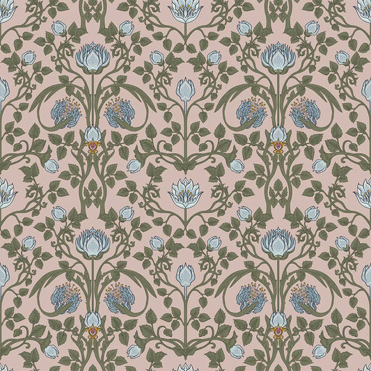 Tulip Garden Wallpaper - Mineral & Forest Green on Vintage Rose - Lucie Annabel