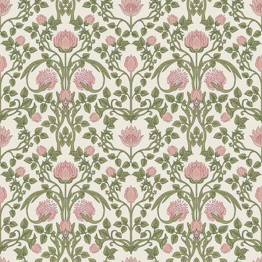 Tulip Garden Wallpaper - Sweet Pink & Olive on Cream - Lucie Annabel