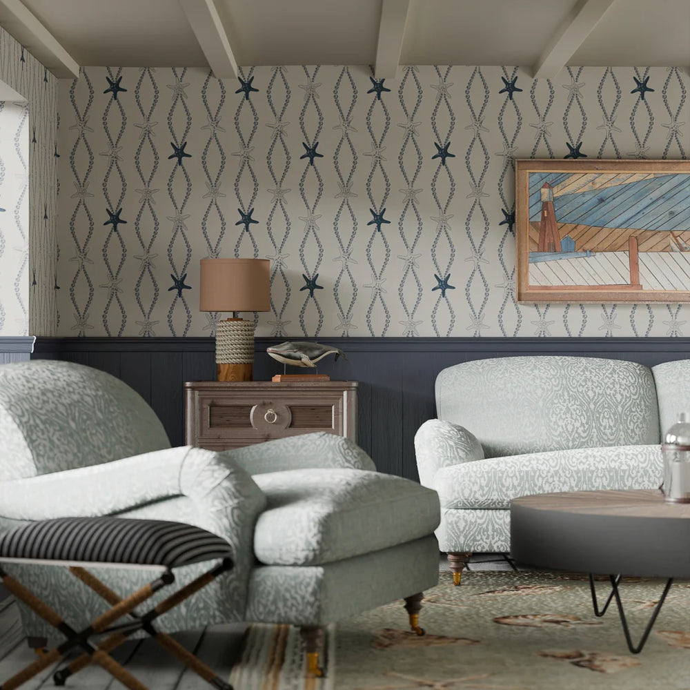 Underwater Treasure Wallpaper - Classic Navy on Pearl White - Lucie Annabel