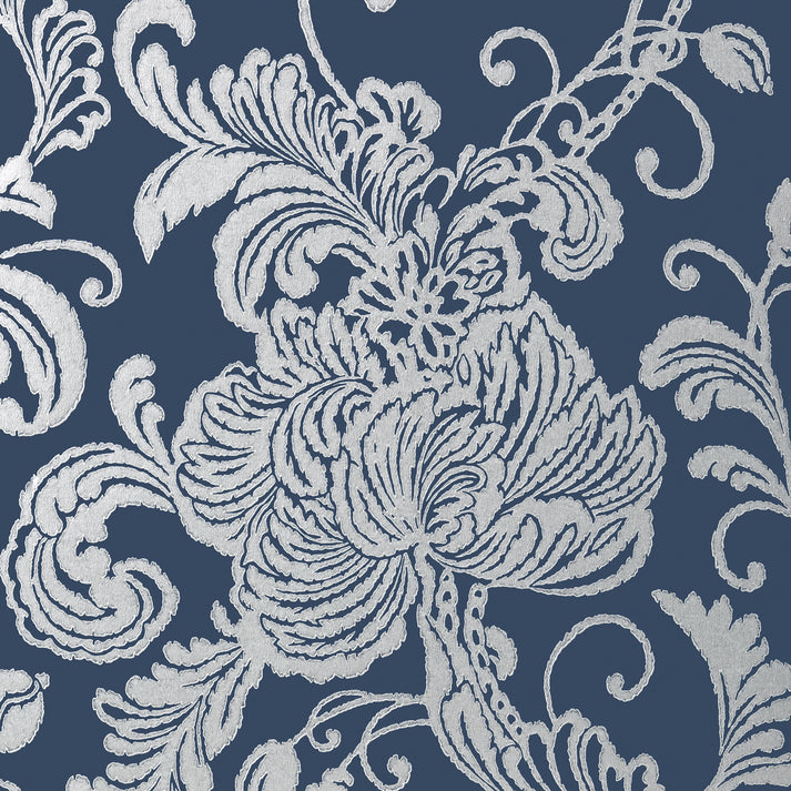 Verey Wallpaper - Silver on Navy - AT6012 - Anna French