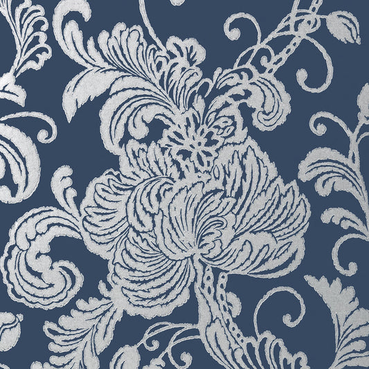 Verey Wallpaper - Silver on Navy - AT6012 - Anna French
