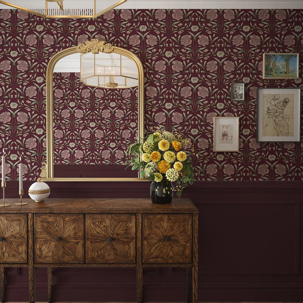 Vintage Trellis Wallpaper - Pistachio & Mulberry on Fig - Lucie Annabel