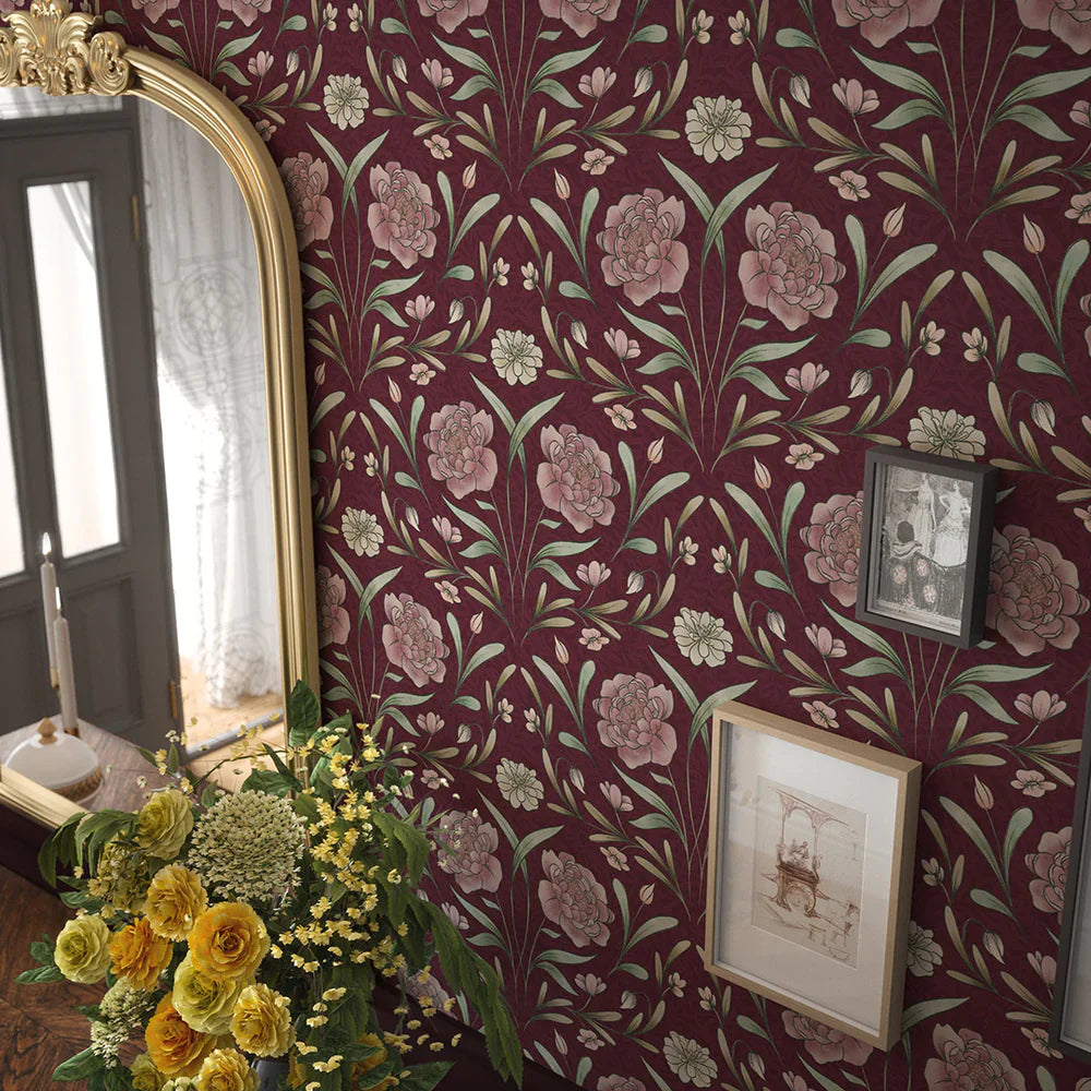 Vintage Trellis Wallpaper - Pistachio & Mulberry on Fig - Lucie Annabel