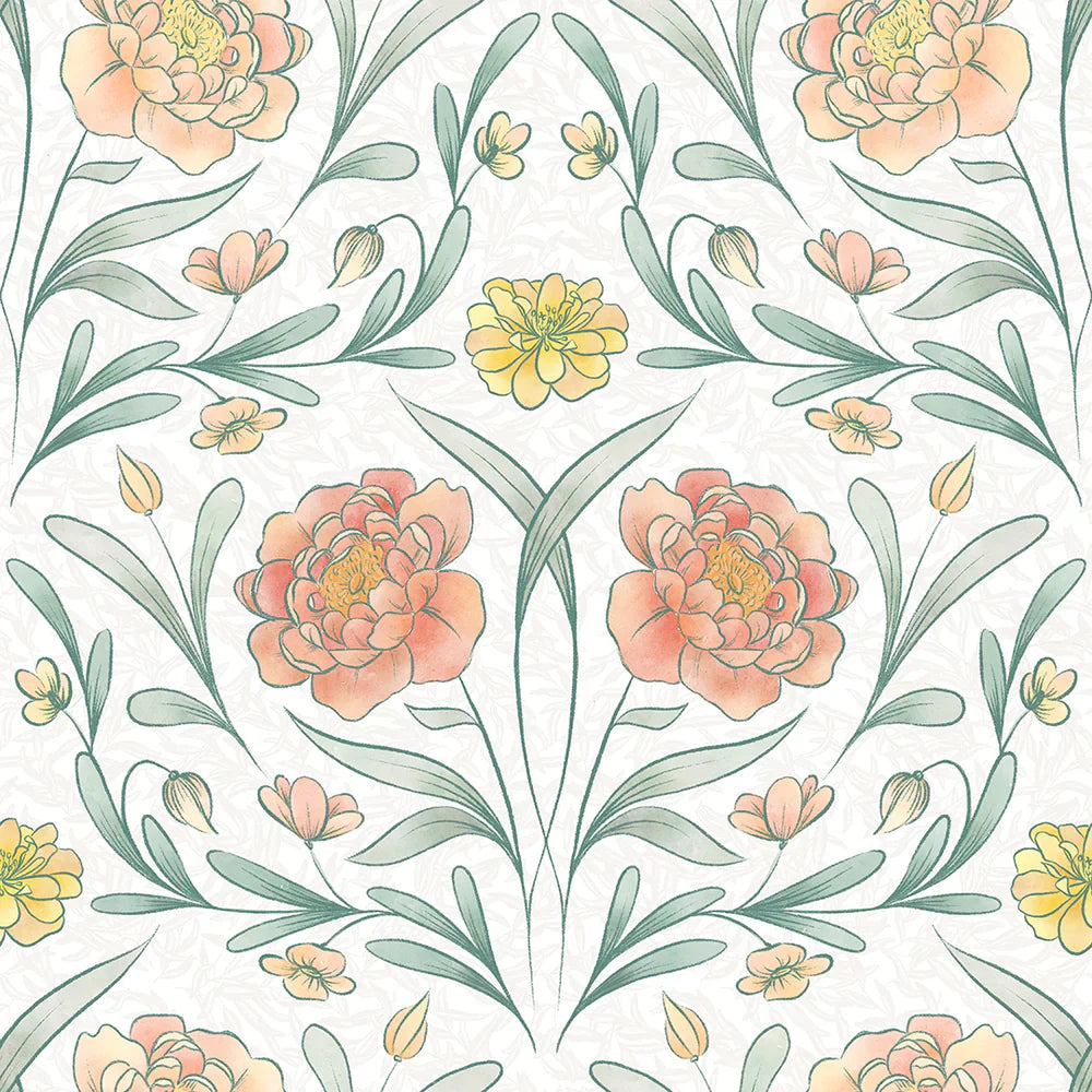 Vintage Trellis Wallpaper - Silt Green, Peach & Yellow - Lucie Annabel