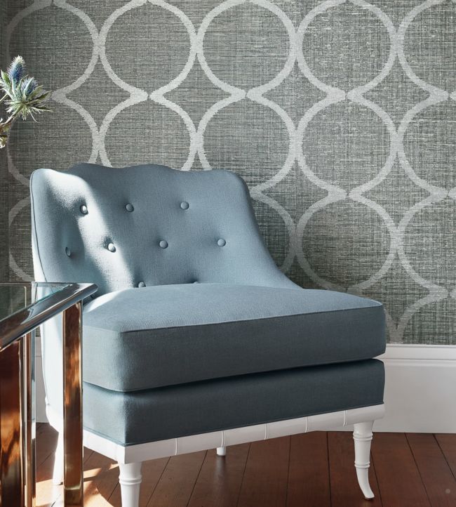 Watercourse Wallpaper - Metallic Silver on Aqua - AT7948 - Anna French