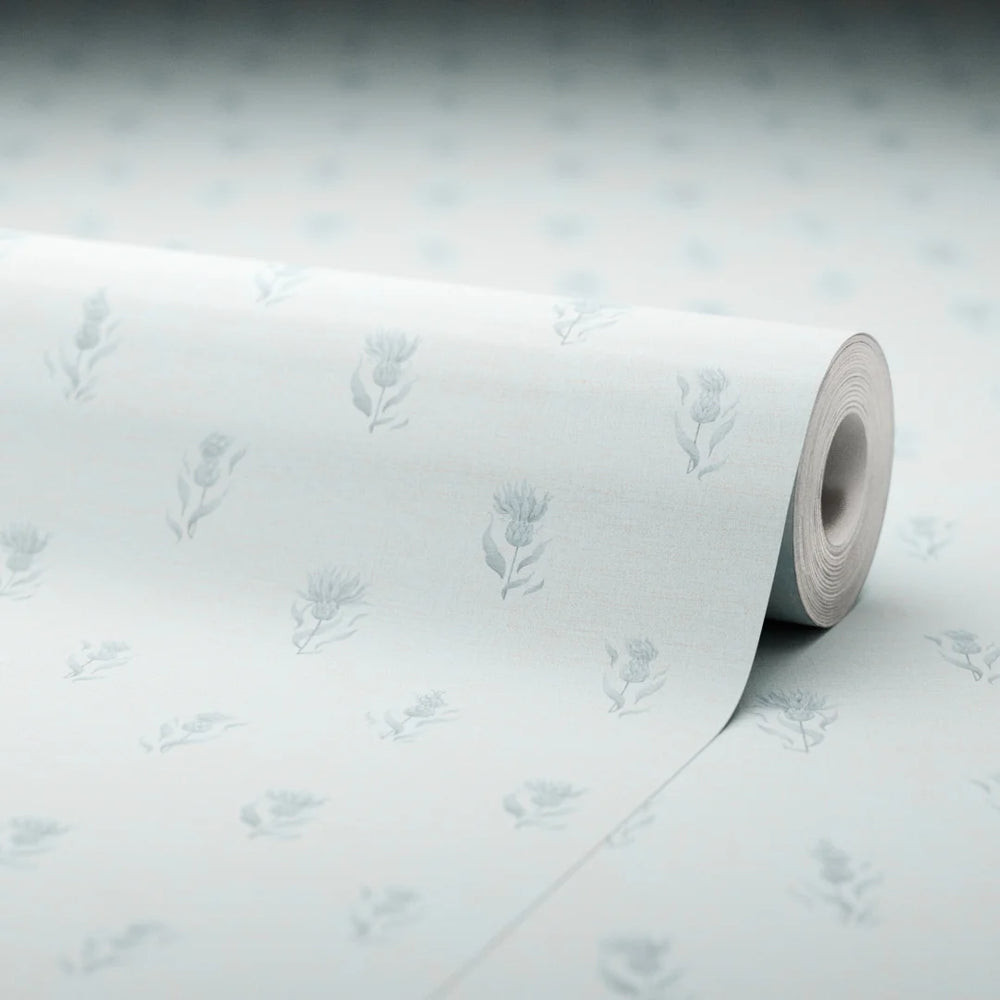Wee Thistle Wallpaper - Cornflower Blue on Mineral Mist - Lucie Annabel