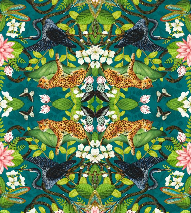 Wonderlust Tea Story Wallpaper - Teal - Clarke & Clarke