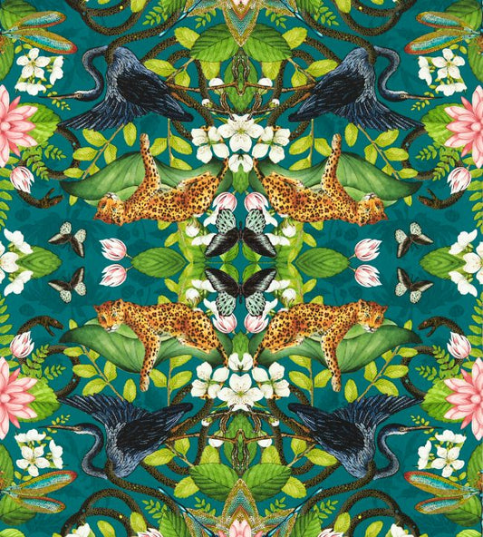 Wonderlust Tea Story Wallpaper - Teal - Clarke & Clarke