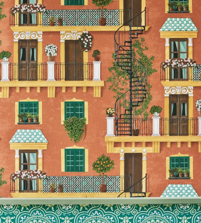 Alfaro Wallpaper - Ochre & Racing Car Green on Terracotta - 117/4011 - Cole & Son - Premier Wallcovering