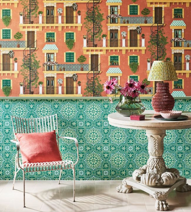 Alfaro Wallpaper - Ochre & Racing Car Green on Terracotta - 117/4011 - Cole & Son - Premier Wallcovering