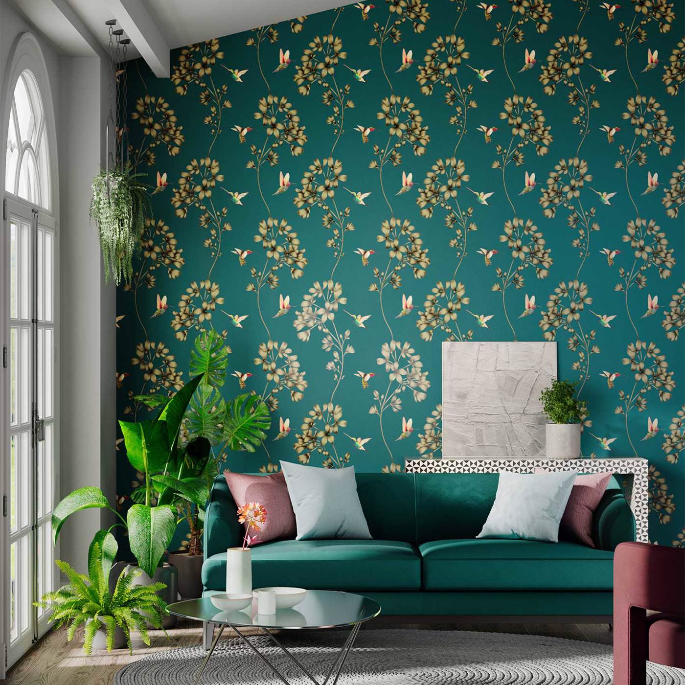 Amazilia Wallpaper - Teal/Gold - HTEW112604 - Harlequin - Premier Wallcovering