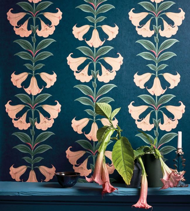 Angels Trumpet Wallpaper - Coral & Viridian on Ink - 117/3009 - Cole & Son - Premier Wallcovering