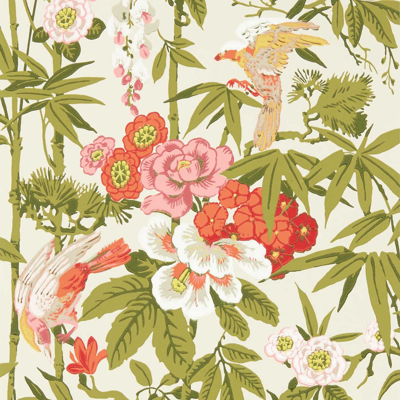 Bamboo & Birds Wallpaper - Mandarin Red/Olive - DWAW217128 - Sanderson