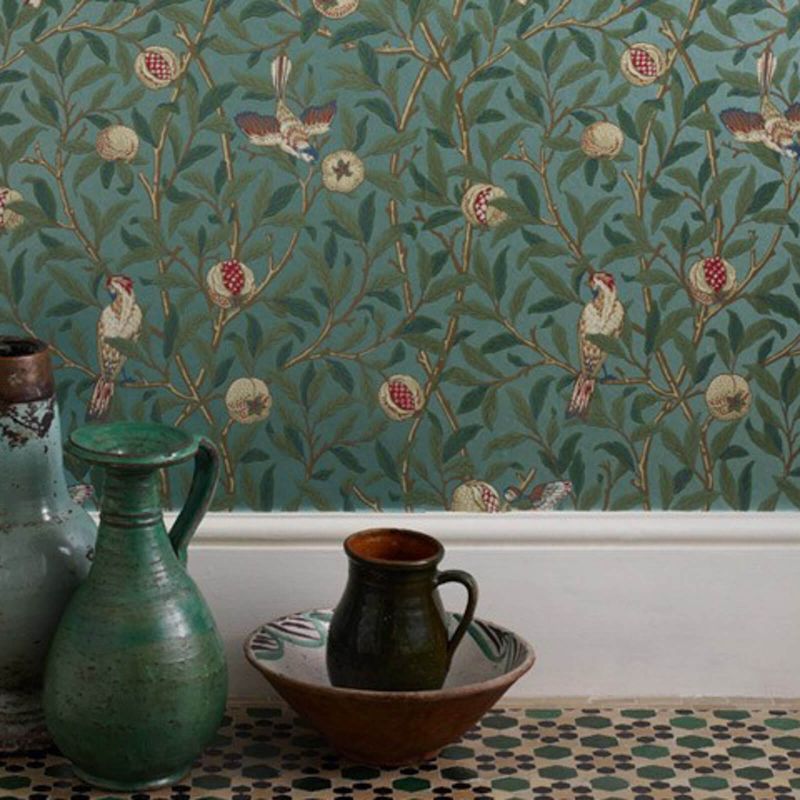 Bird & Pomegranate Wallpaper - Turquoise/Coral - Morris & Co - 216453