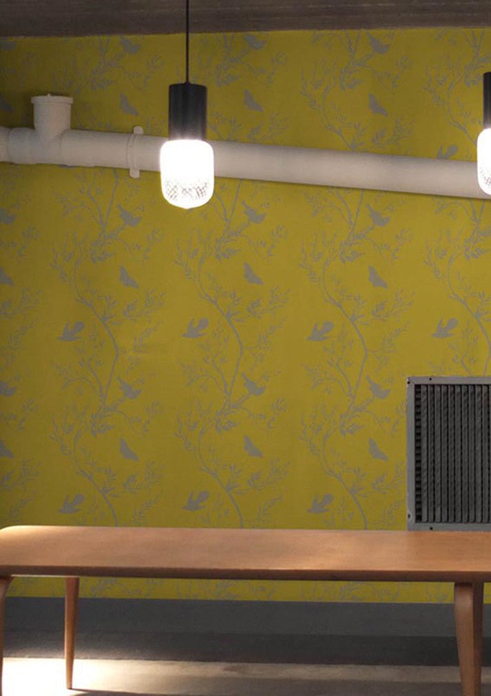 Birdbranch Stripe Wallpaper - Gold Pearl on Yellow - Timorous Beasties - EX/BBS/4233/07 - Premier Wallcovering