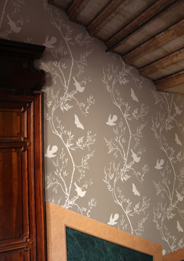 Birdbranch Stripe Wallpaper - White on Stone - Timorous Beasties - EX/BBS/4008/03 - Premier Wallcovering