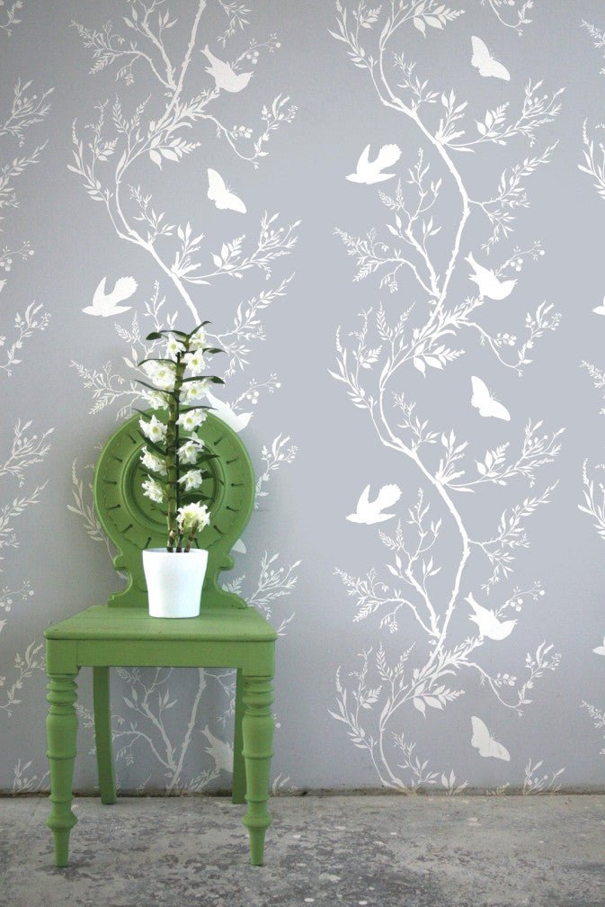 Birdbranch Stripe Wallpaper - White on Pale Blue - Timorous Beasties - EX/BBS/4232/02 - Premier Wallcovering