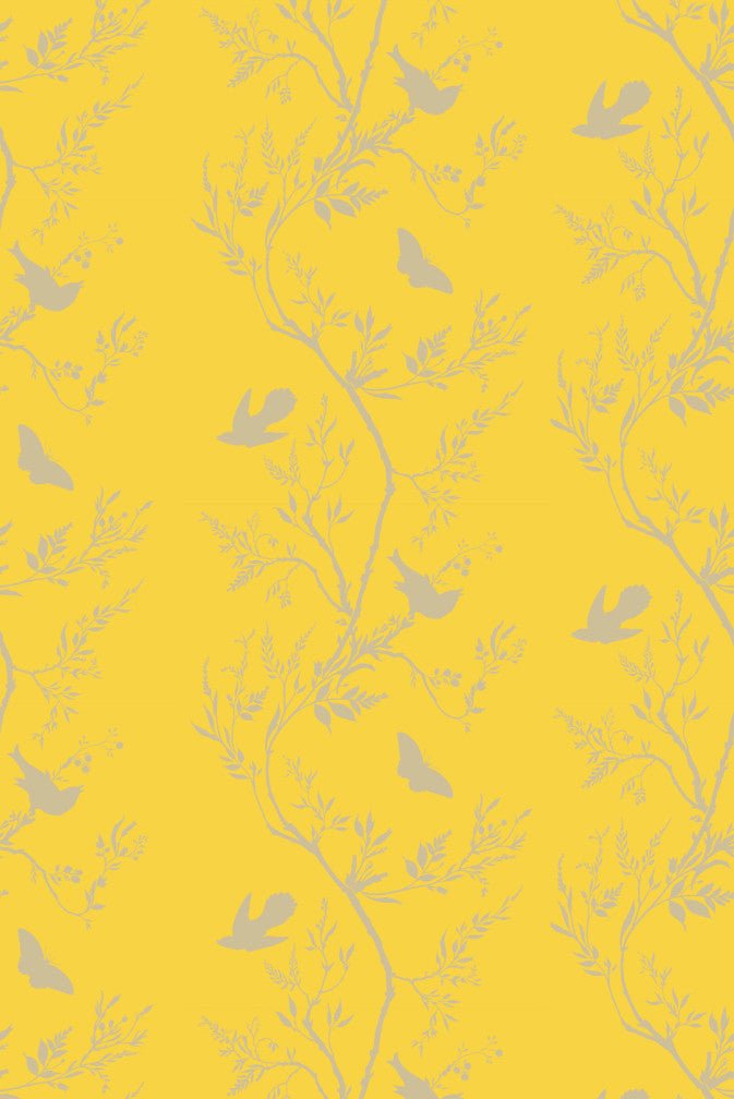 Birdbranch Stripe Wallpaper - Gold Pearl on Yellow - Timorous Beasties - EX/BBS/4233/07 - Premier Wallcovering