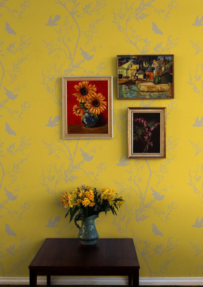 Birdbranch Stripe Wallpaper - Gold Pearl on Yellow - Timorous Beasties - EX/BBS/4233/07 - Premier Wallcovering