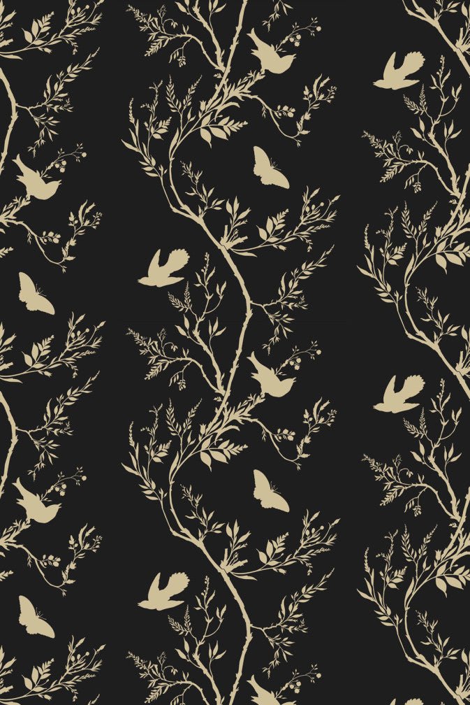 Birdbranch Stripe Wallpaper - Gold Pearl on Black - Timorous Beasties - EX/BBS/4007/09 - Premier Wallcovering