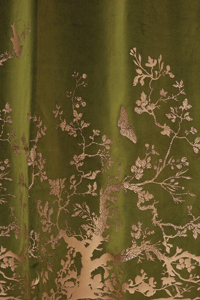 Birdbranch Velvet Panel Fabric - Black & Pale Gold on Olive - Timorous Beasties - BBP/8118/08 - Premier Wallcovering
