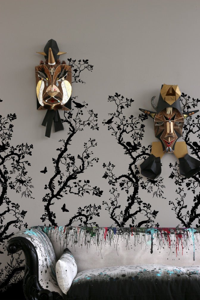 Birdbranch Wallpaper Panels - Black on Stone - Timorous Beasties - EX/BIRD/4008/04 - Premier Wallcovering