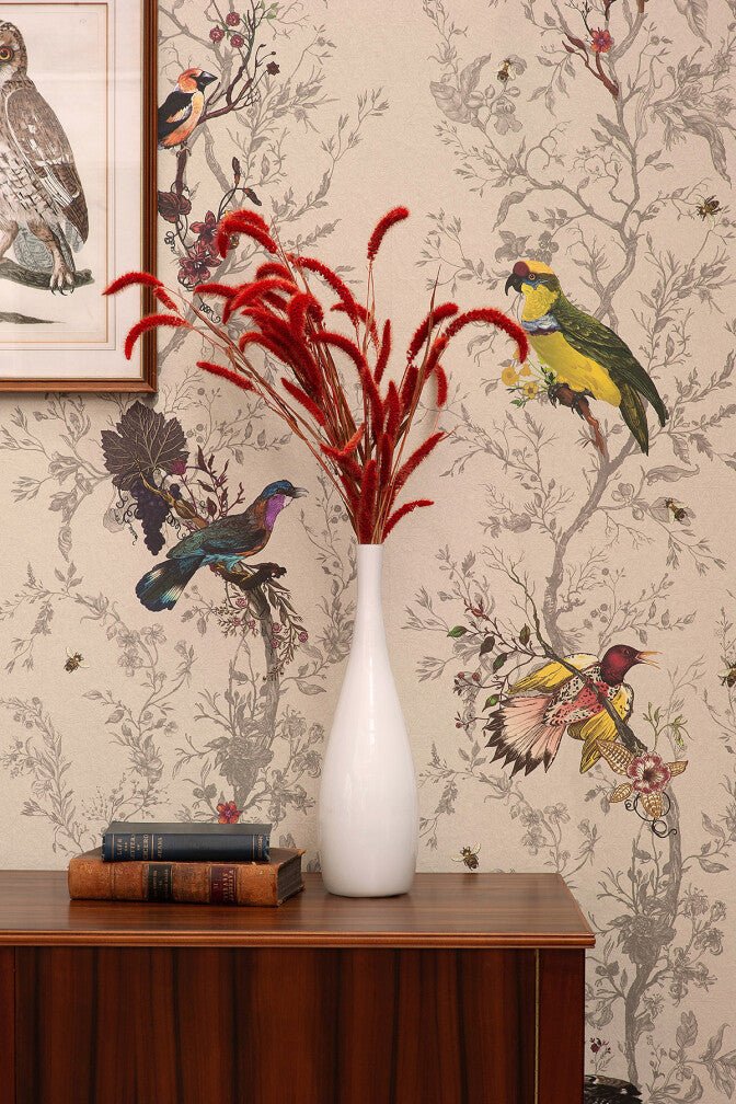 Birds N Bees Wallpaper - Bone - Timorous Beasties - BTN/BNB/TXMT/02 - Premier Wallcovering
