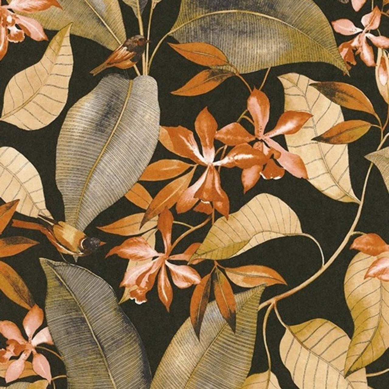 Birdsong Delicacy Wallpaper - Noir, Jaune And Orange - Casadeco - 85382347 - Premier Wallcovering