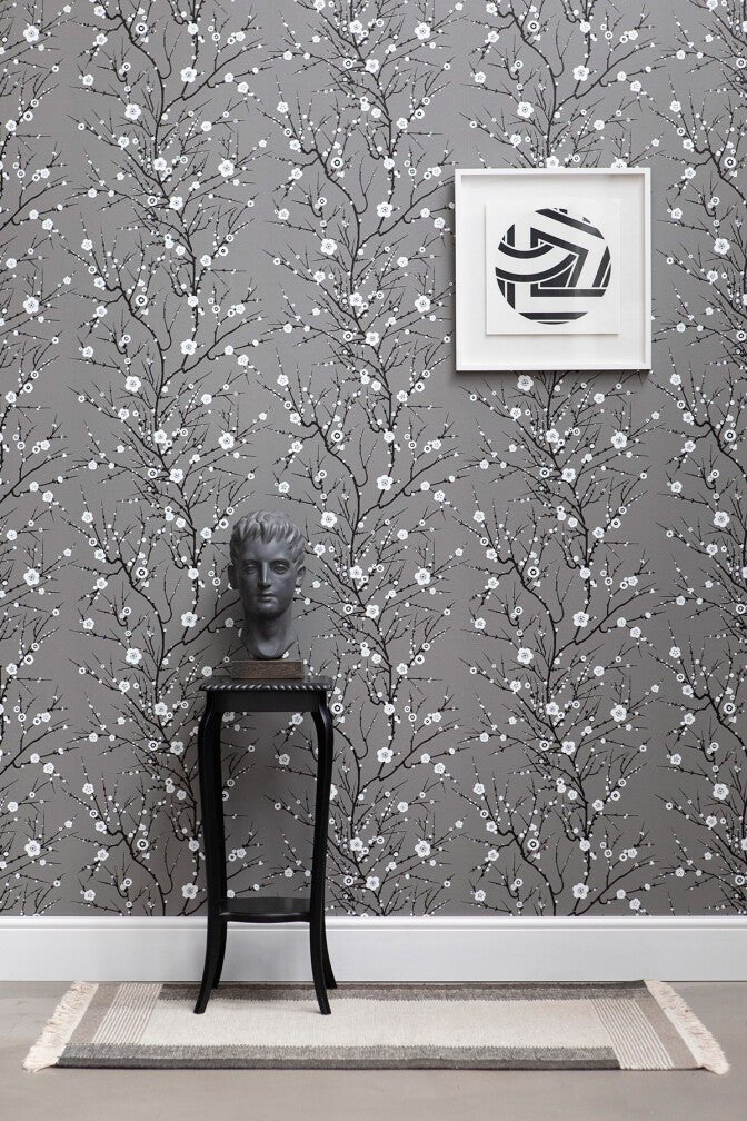 Blossom Branch Wallpaper - White & Black on Warm Grey - Timorous Beasties - EX/BLMB/6004/03 - Premier Wallcovering