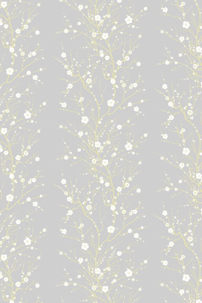 Blossom Branch Wallpaper - White & Gold on Pale Grey - Timorous Beasties - EX/BLMB/6002/01 - Premier Wallcovering