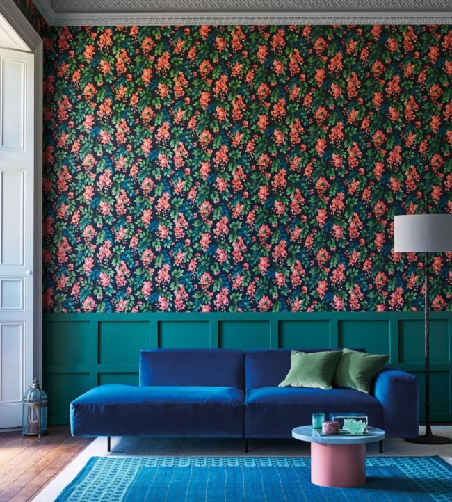 Bougainvillea Wallpaper - Rouge, Leaf Green & Cerulean Sky on Charcoal - 117/6017 - Cole & Son - Premier Wallcovering