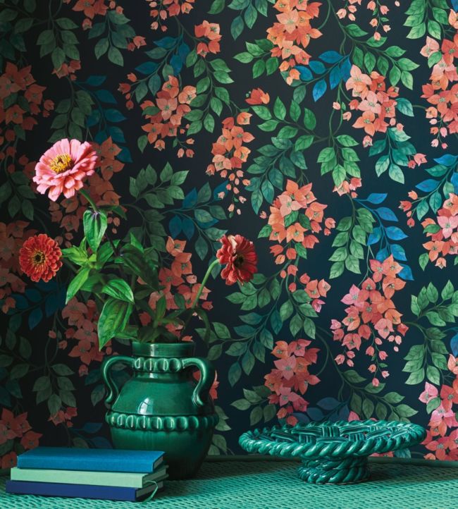 Bougainvillea Wallpaper - Rouge, Leaf Green & Cerulean Sky on Charcoal - 117/6017 - Cole & Son - Premier Wallcovering