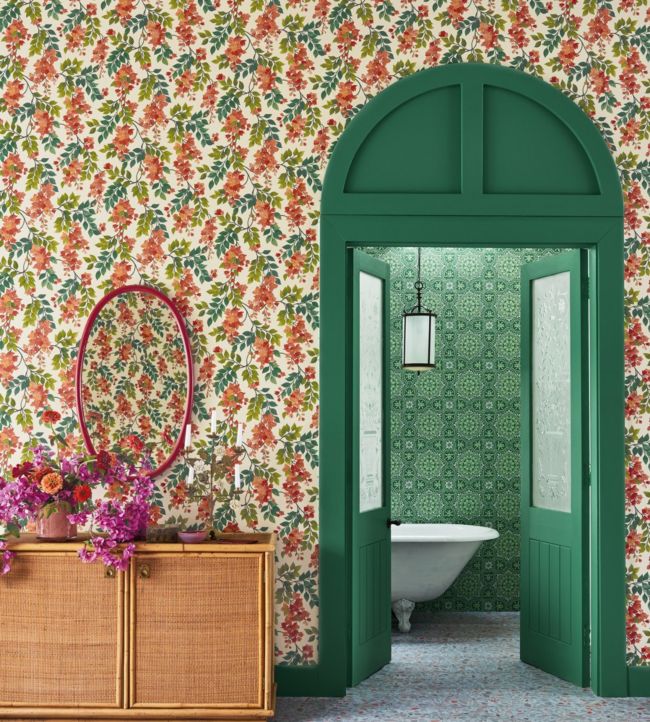 Bougainvillea Wallpaper - Rouge, Olive Green & Emerald on Cream - 117/6016 - Cole & Son - Premier Wallcovering